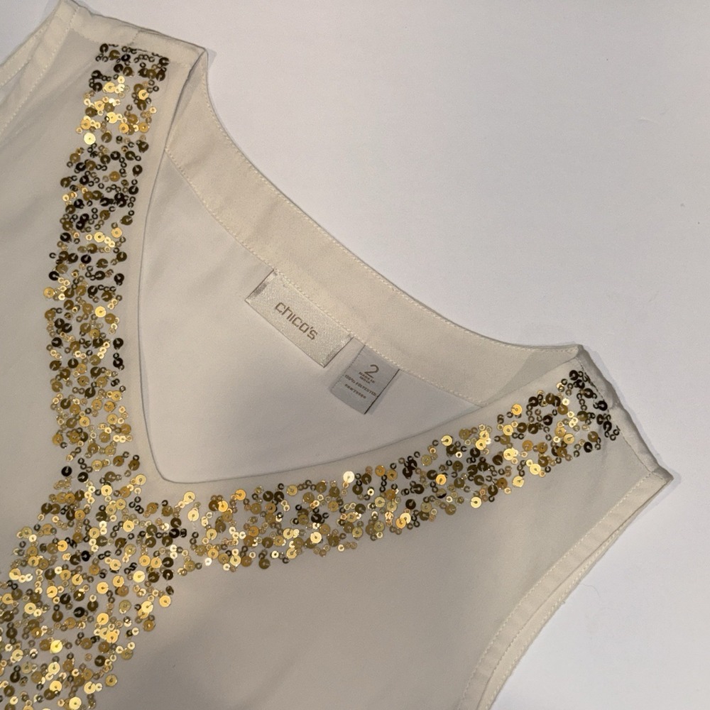 Chico's Sequin Tank Top Blouse Sz 2 L 12 Cream Gold Metallic Shimmer Party Glam